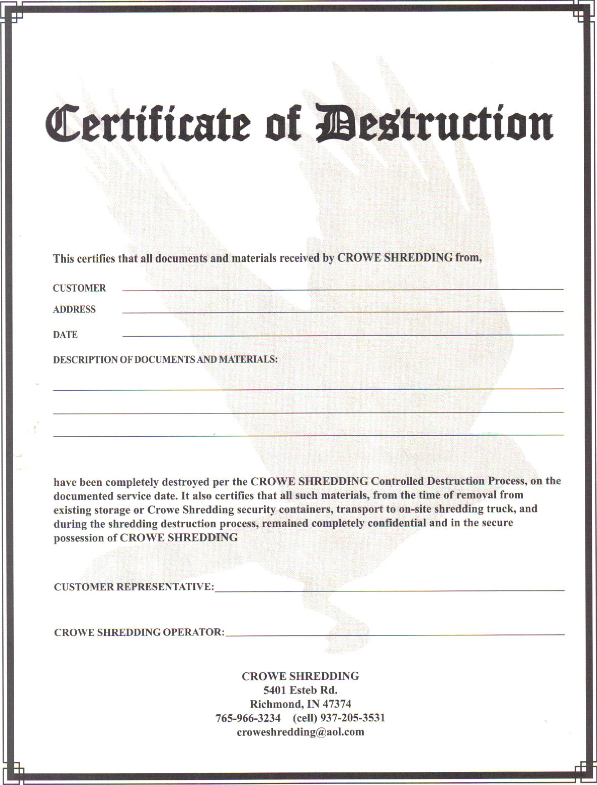 Certificate of Destruction 20 - Crowe Shredding - Paper Regarding Destruction Certificate Template